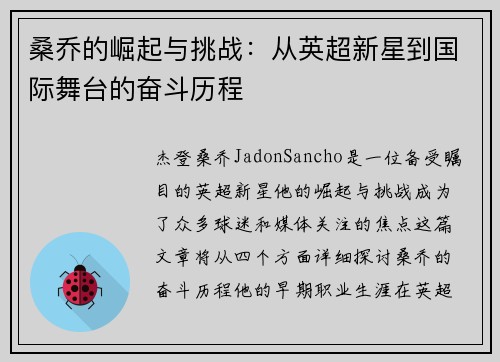 桑乔的崛起与挑战：从英超新星到国际舞台的奋斗历程