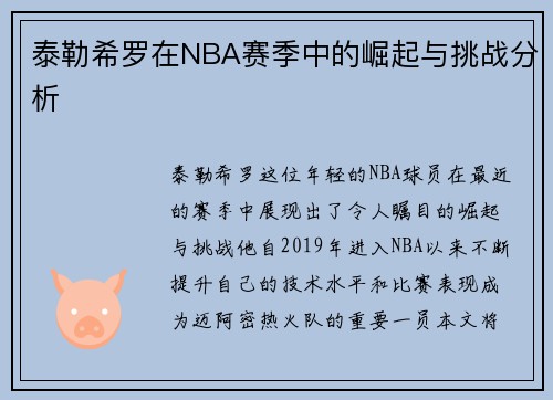 泰勒希罗在NBA赛季中的崛起与挑战分析